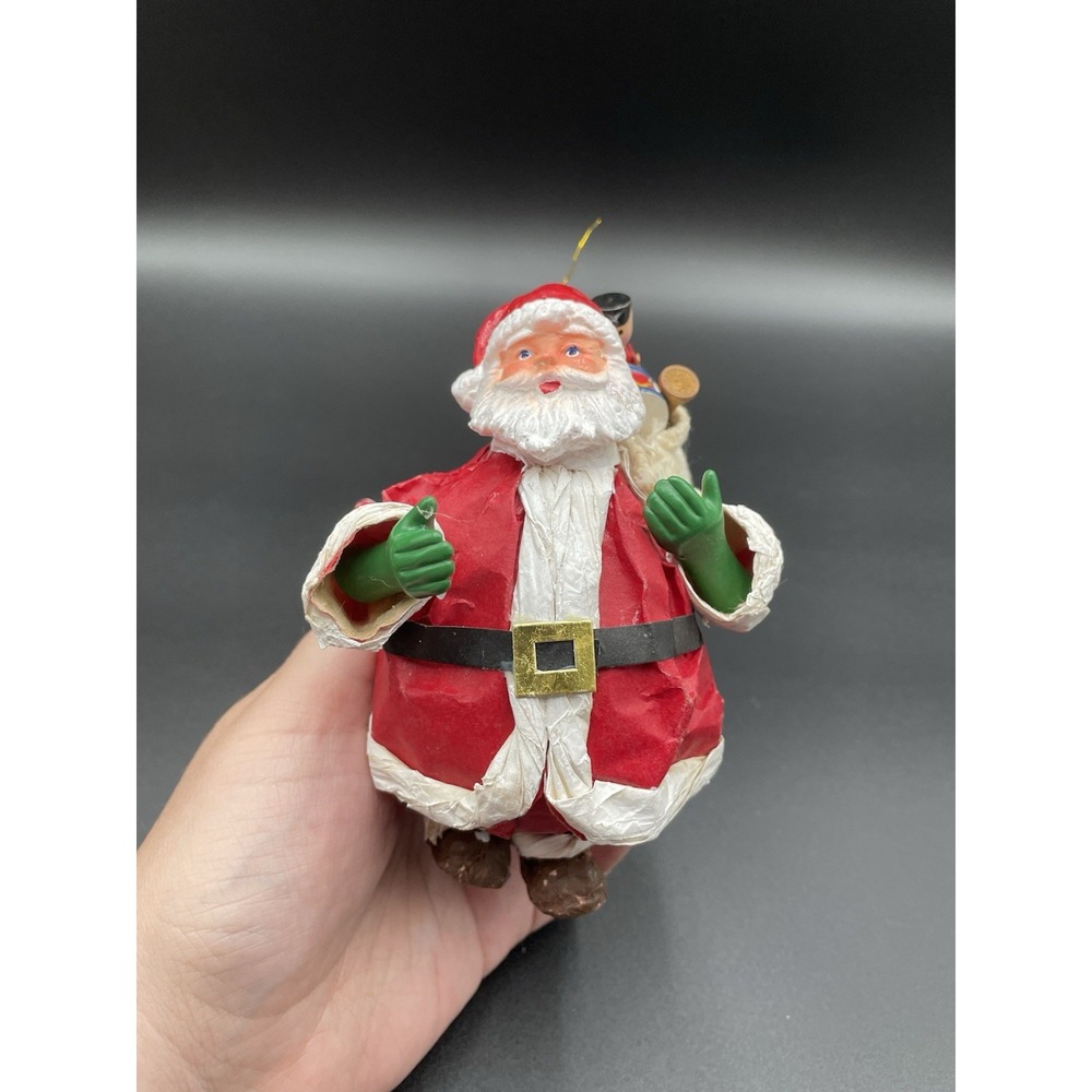 Vtg Santa Claus  Paper Mache  Christmas Tree Ornament With Sack Of Wood Toys